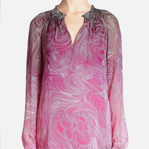 Diane Von Furstenberg Silk Pink Leysa Ombre Swirl Long Sleeve Blouse Size 12 - Picture 1 of 12